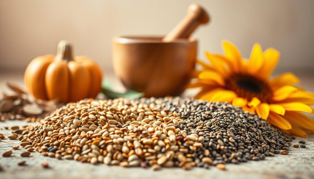 A vibrant still life capturing the essence of seed cycling. In the foreground, an assortment of organic seeds - flax, pumpkin, chia, and sunflower - arranged in a circular pattern, symbolizing the cyclical nature of this holistic practice. The middle ground features a wooden mortar and pestle, suggesting the preparation of these nutrient-dense seeds. Soft, natural lighting filters through the scene, creating a warm, inviting atmosphere. The background is a minimalist, earthy-toned setting, allowing the focus to remain on the seeds and their potential benefits. Captured with a shallow depth of field, the image conveys a sense of intentionality and wellness, inviting the viewer to explore the power of seed cycling. A vibrant still life capturing the essence of seed cycling. In the foreground, an assortment of organic seeds - flax, pumpkin, chia, and sunflower - arranged in a circular pattern, symbolizing the cyclical nature of this holistic practice. The middle ground features a wooden mortar and pestle, suggesting the preparation of these nutrient-dense seeds. Soft, natural lighting filters through the scene, creating a warm, inviting atmosphere. The background is a minimalist, earthy-toned setting, allowing the focus to remain on the seeds and their potential benefits. Captured with a shallow depth of field, the image conveys a sense of intentionality and wellness, inviting the viewer to explore the power of seed cycling.