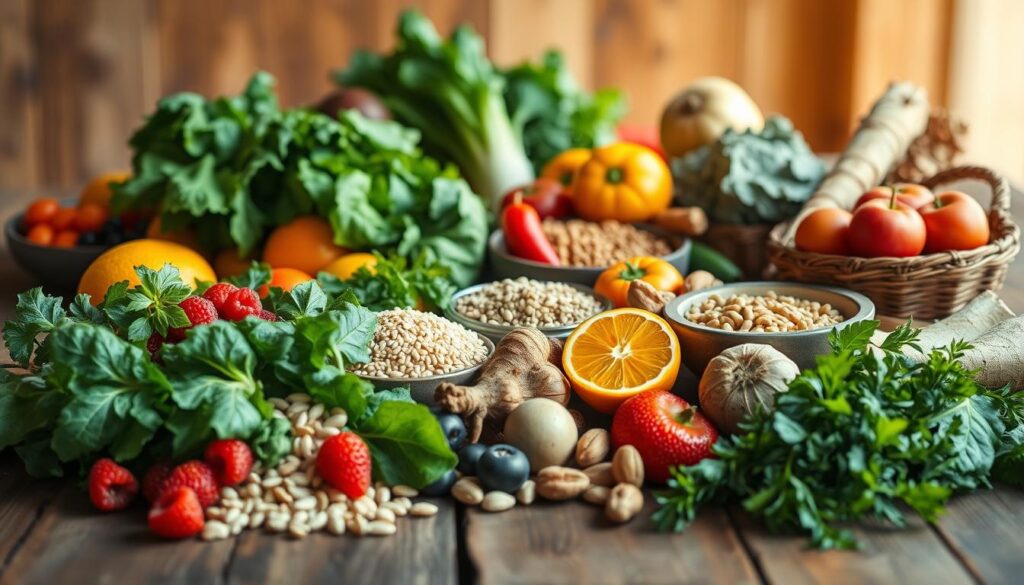 A vibrant still life featuring a selection of whole, nutrient-dense "evidence-based" foods on a rustic wooden table, bathed in warm, natural lighting. In the foreground, an array of colorful fruits and vegetables - leafy greens, berries, citrus, roots - arranged with care. In the middle ground, whole grains, legumes, and nuts, complementing the produce. The background softly blurred, creating a sense of focus on the wholesome ingredients. The composition exudes a sense of balance, simplicity and approachability, inviting the viewer to envision how these everyday, nourishing foods can be easily incorporated into a healthy, evidence-backed eating pattern.