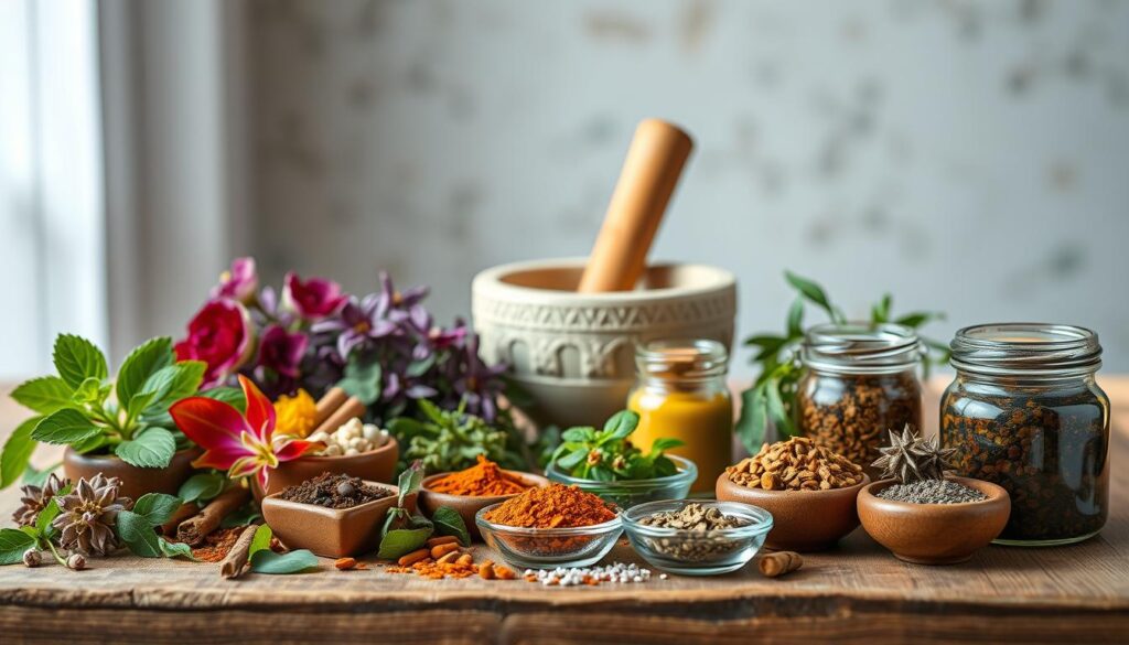 A vibrant still life of Ayurvedic herbal remedies arranged on a wooden table. In the foreground, a variety of colorful plants, herbs, and spices are displayed in small bowls and jars, reflecting the natural remedies used in traditional Indian medicine to balance female hormones. The middle ground features a mortar and pestle, evoking the process of preparing these holistic treatments. Soft, diffused lighting illuminates the scene, creating a warm, inviting atmosphere. The background is blurred, allowing the natural elements to take center stage and convey a sense of balance, harmony, and the healing power of nature.