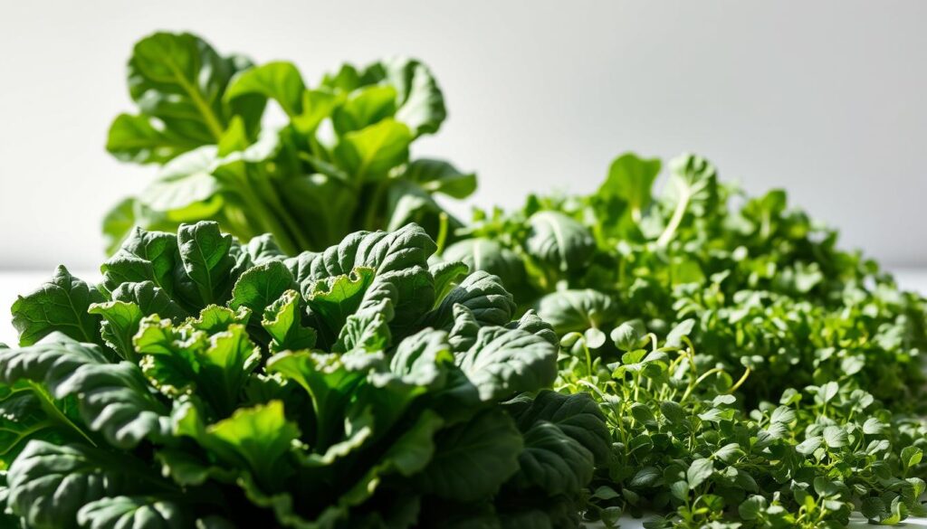 A vibrant still life showcasing a variety of fresh, nutrient-dense greens. In the foreground, a cluster of kale leaves, their deep green hues accented by soft shadows cast by a single overhead light. In the middle ground, bunches of spinach and Swiss chard, their delicate, undulating leaves capturing the natural light. In the background, a scattering of microgreens, their tiny leaves in shades of emerald and jade, adding depth and texture to the composition. The lighting is soft and natural, creating a sense of warmth and vitality. The entire scene is framed by a minimal, clean background, allowing the greens to take center stage and convey the essence of quality, freshness, and nutrient-density. A vibrant still life showcasing a variety of fresh, nutrient-dense greens. In the foreground, a cluster of kale leaves, their deep green hues accented by soft shadows cast by a single overhead light. In the middle ground, bunches of spinach and Swiss chard, their delicate, undulating leaves capturing the natural light. In the background, a scattering of microgreens, their tiny leaves in shades of emerald and jade, adding depth and texture to the composition. The lighting is soft and natural, creating a sense of warmth and vitality. The entire scene is framed by a minimal, clean background, allowing the greens to take center stage and convey the essence of quality, freshness, and nutrient-density.