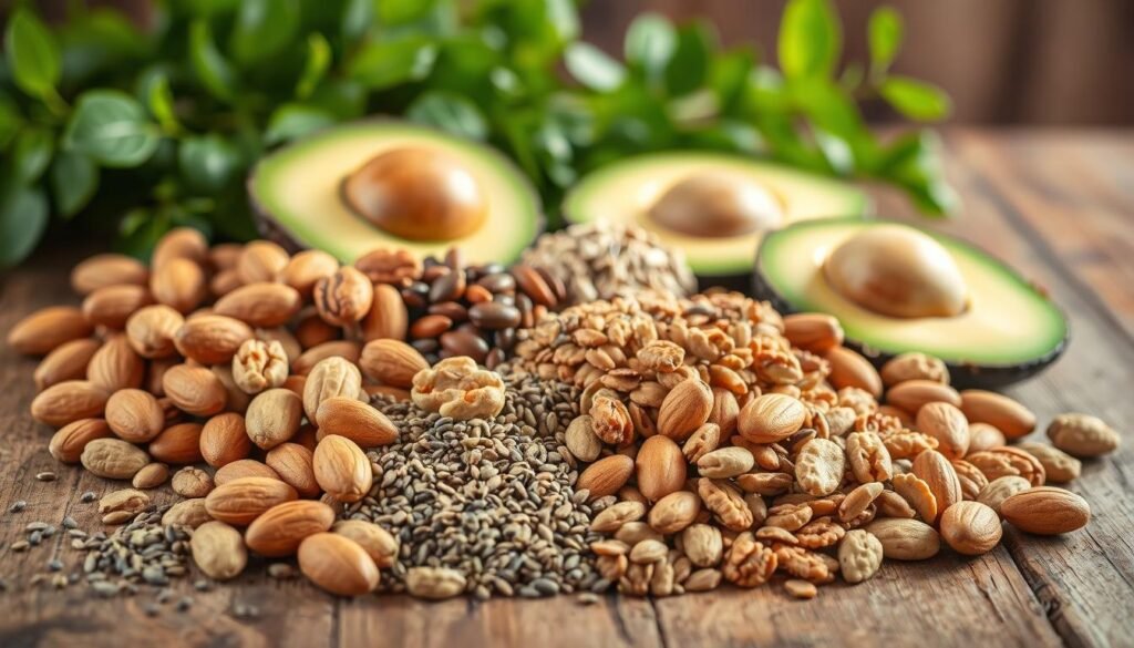 A vibrant still life showcasing a variety of healthy fats for PCOS. In the foreground, a selection of nuts and seeds - almonds, walnuts, chia, and flaxseeds - arranged artfully on a rustic wooden surface. In the middle ground, slices of avocado, a drizzle of olive oil, and a sprinkling of seeds. The background features lush greenery, perhaps a few leafy greens, creating a lush, earthy atmosphere. Soft, warm lighting illuminates the scene, emphasizing the natural textures and colors of the ingredients. The overall composition conveys the abundance and nutritional richness of these PCOS-friendly healthy fats. A vibrant still life showcasing a variety of healthy fats for PCOS. In the foreground, a selection of nuts and seeds - almonds, walnuts, chia, and flaxseeds - arranged artfully on a rustic wooden surface. In the middle ground, slices of avocado, a drizzle of olive oil, and a sprinkling of seeds. The background features lush greenery, perhaps a few leafy greens, creating a lush, earthy atmosphere. Soft, warm lighting illuminates the scene, emphasizing the natural textures and colors of the ingredients. The overall composition conveys the abundance and nutritional richness of these PCOS-friendly healthy fats.