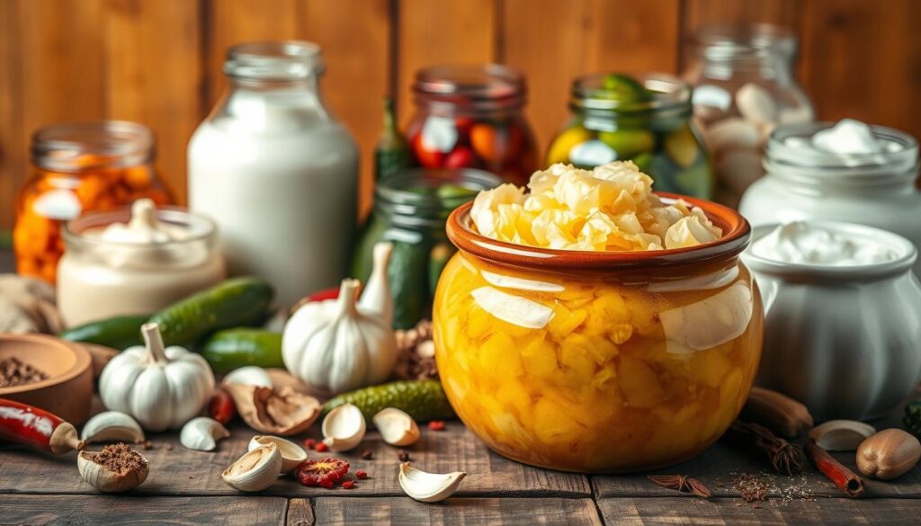 A vibrant still life showcasing an array of fermented foods, artfully arranged on a rustic wooden table. In the foreground, an earthenware crock filled with bubbling, golden-hued sauerkraut, its pungent aroma filling the air. Surrounding it, a diverse selection of fermented delicacies – tangy kimchi, creamy yogurt, and glistening pickles in various stages of fermentation. The middle ground features a scattering of whole and sliced ingredients, such as plump garlic cloves, vibrant chili peppers, and fragrant spices, hinting at the complex flavors and health benefits of these probiotic-rich foods. The background is softly lit, with warm, natural lighting that casts a mellow glow over the scene, creating an inviting and appetizing atmosphere. A vibrant still life showcasing an array of fermented foods, artfully arranged on a rustic wooden table. In the foreground, an earthenware crock filled with bubbling, golden-hued sauerkraut, its pungent aroma filling the air. Surrounding it, a diverse selection of fermented delicacies – tangy kimchi, creamy yogurt, and glistening pickles in various stages of fermentation. The middle ground features a scattering of whole and sliced ingredients, such as plump garlic cloves, vibrant chili peppers, and fragrant spices, hinting at the complex flavors and health benefits of these probiotic-rich foods. The background is softly lit, with warm, natural lighting that casts a mellow glow over the scene, creating an inviting and appetizing atmosphere.