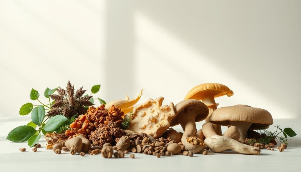 A visually striking composition depicting an array of adaptogenic herbs and superfoods against a serene, minimalist backdrop. In the foreground, a thoughtful arrangement of ashwagandha, rhodiola, maca, cordyceps, and reishi mushrooms, their vibrant colors and textures contrasting with the clean, light-filled setting. The middle ground features a subtle play of soft shadows and highlights, conveying a sense of balance and tranquility. The background is a muted, natural palette, allowing the adaptogenic elements to take center stage. The overall image exudes a calming, wellness-focused atmosphere, inviting the viewer to explore the versatility and benefits of these powerful plant-based adaptogens. A visually striking composition depicting an array of adaptogenic herbs and superfoods against a serene, minimalist backdrop. In the foreground, a thoughtful arrangement of ashwagandha, rhodiola, maca, cordyceps, and reishi mushrooms, their vibrant colors and textures contrasting with the clean, light-filled setting. The middle ground features a subtle play of soft shadows and highlights, conveying a sense of balance and tranquility. The background is a muted, natural palette, allowing the adaptogenic elements to take center stage. The overall image exudes a calming, wellness-focused atmosphere, inviting the viewer to explore the versatility and benefits of these powerful plant-based adaptogens.