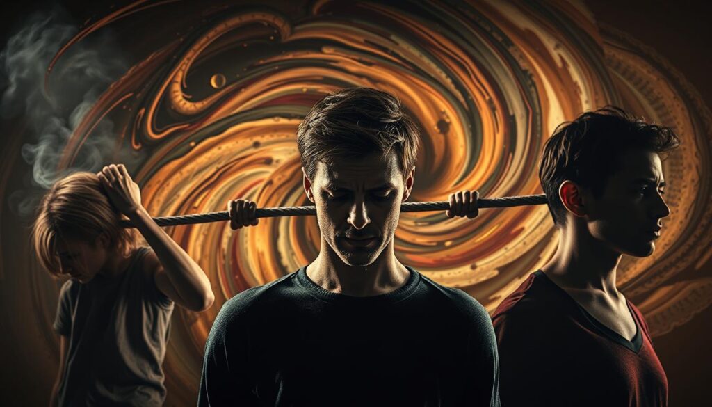 A visually striking illustration of "side effects and sensitivities". In the foreground, a person experiences a variety of reactions - jitters, headaches, rapid heartbeat. The middle ground showcases a tug-of-war between opposing forces, representing the contrasting effects of caffeine. In the background, a swirling vortex of colors and textures conveys the intensity and complexity of caffeine's impact on the body. Dramatic lighting casts dramatic shadows, heightening the sense of unease. Cinematic camera angles and a moody, unsettling atmosphere emphasize the potent and unpredictable nature of caffeine sensitivity. A visually striking illustration of "side effects and sensitivities". In the foreground, a person experiences a variety of reactions - jitters, headaches, rapid heartbeat. The middle ground showcases a tug-of-war between opposing forces, representing the contrasting effects of caffeine. In the background, a swirling vortex of colors and textures conveys the intensity and complexity of caffeine's impact on the body. Dramatic lighting casts dramatic shadows, heightening the sense of unease. Cinematic camera angles and a moody, unsettling atmosphere emphasize the potent and unpredictable nature of caffeine sensitivity.