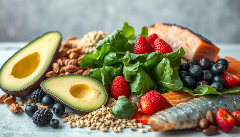 A visually stunning and appetizing arrangement of the top ten hormone-balancing foods, captured in a soft, natural lighting with a slightly blurred background to emphasize the main subjects. The foods, including avocado, nuts, seeds, leafy greens, berries, fatty fish, and more, are thoughtfully positioned to create a harmonious and aesthetically pleasing composition. The image conveys a sense of freshness, vitality, and the power of whole, nutrient-dense foods to support hormonal balance and overall well-being. A visually stunning and appetizing arrangement of the top ten hormone-balancing foods, captured in a soft, natural lighting with a slightly blurred background to emphasize the main subjects. The foods, including avocado, nuts, seeds, leafy greens, berries, fatty fish, and more, are thoughtfully positioned to create a harmonious and aesthetically pleasing composition. The image conveys a sense of freshness, vitality, and the power of whole, nutrient-dense foods to support hormonal balance and overall well-being.