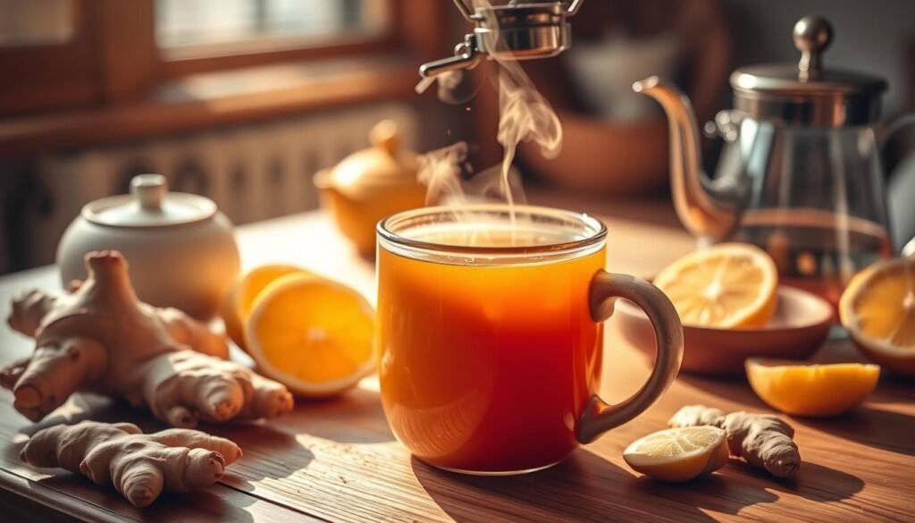 A warm, cozy kitchen scene featuring a mug of ginger tea, steam gently rising from the surface. The mug is set on a wooden table, surrounded by fresh ginger root, lemon slices, and a teapot. Soft, natural lighting casts a golden glow, creating a soothing, inviting atmosphere. The ginger tea has a vibrant, amber hue, and the mug is handcrafted with an organic, earthy aesthetic. The composition emphasizes the comforting, restorative qualities of the ginger tea, reflecting its potential to soothe digestive issues and provide a boost of energy. A warm, cozy kitchen scene featuring a mug of ginger tea, steam gently rising from the surface. The mug is set on a wooden table, surrounded by fresh ginger root, lemon slices, and a teapot. Soft, natural lighting casts a golden glow, creating a soothing, inviting atmosphere. The ginger tea has a vibrant, amber hue, and the mug is handcrafted with an organic, earthy aesthetic. The composition emphasizes the comforting, restorative qualities of the ginger tea, reflecting its potential to soothe digestive issues and provide a boost of energy.