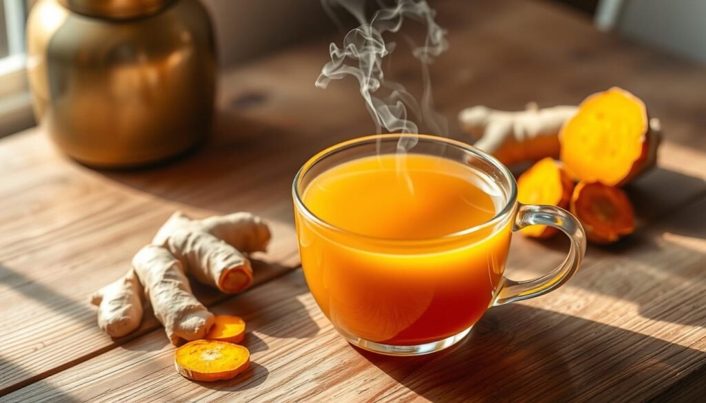 A warm, inviting cup of turmeric ginger tea, steaming and fragrant, resting on a wooden table. The liquid is a deep golden hue, with wisps of steam rising, hinting at the soothing, aromatic blend within. Sliced ginger and turmeric root sit nearby, their vibrant colors and textures complementing the tea. Gentle lighting casts a soft, natural glow, creating a cozy, homey atmosphere. The composition is balanced, with the tea as the focal point, surrounded by the supporting ingredients. The image evokes a sense of comfort, wellness, and the wholesome pleasure of a nourishing, herbal beverage.