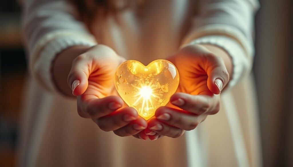 A warm, inviting scene of a person's hands cradling a glowing, golden heart-shaped crystal against a soft, blurred background. The crystal emits a gentle, radiant light, symbolizing the inner glow of gratitude. The hands are positioned with care and reverence, conveying a sense of appreciation and mindfulness. The lighting is soft and natural, creating an intimate, reflective atmosphere. The composition places the crystal as the focal point, drawing the viewer's attention to the practice of expressing gratitude. The overall mood is one of tranquility, contentment, and a deep connection to the present moment.