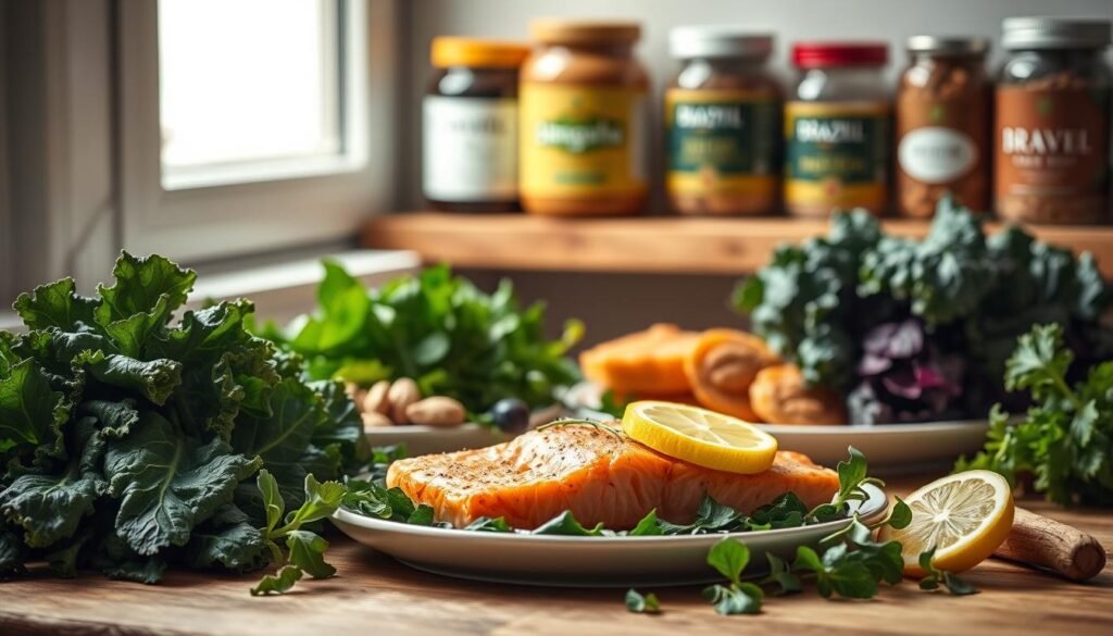A warm, natural still life depicting a selection of thyroid health-boosting superfoods. In the foreground, an array of crisp, vibrant greens such as kale, spinach, and sea vegetables. In the middle ground, a plate showcasing baked salmon, a rich source of iodine, with a drizzle of lemon. In the background, a shelf displaying jars of ashwagandha, brazil nuts, and other adaptogenic herbs. Soft, diffused lighting from a window casts a gentle glow, highlighting the textures and colors. The overall atmosphere is one of nourishment, balance, and wellness, subtly conveying the importance of a thyroid-supportive diet. A warm, natural still life depicting a selection of thyroid health-boosting superfoods. In the foreground, an array of crisp, vibrant greens such as kale, spinach, and sea vegetables. In the middle ground, a plate showcasing baked salmon, a rich source of iodine, with a drizzle of lemon. In the background, a shelf displaying jars of ashwagandha, brazil nuts, and other adaptogenic herbs. Soft, diffused lighting from a window casts a gentle glow, highlighting the textures and colors. The overall atmosphere is one of nourishment, balance, and wellness, subtly conveying the importance of a thyroid-supportive diet.