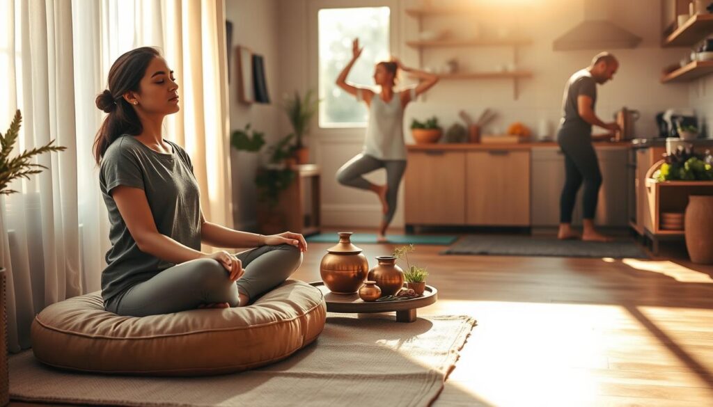 A warm, serene morning in an Ayurvedic doctor's cozy home. In the foreground, a young woman sits cross-legged on a plush meditation cushion, eyes closed in a state of tranquil focus. Soft sunlight filters through sheer curtains, casting a gentle glow on her face. On a low table beside her, an arrangement of Ayurvedic herbs, spices, and copper vessels. In the middle ground, the woman moves gracefully through a series of yoga asanas, her movements fluid and grounded. In the background, a small kitchen with fresh produce, simmering pots, and the silhouette of the Ayurvedic doctor preparing a nourishing, Ayurvedic-inspired meal. An atmosphere of balance, harmony, and holistic wellness pervades the scene.
