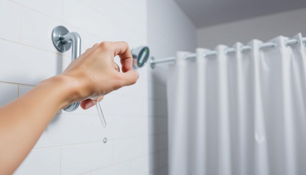 A well-lit bathroom scene with a clean, modern aesthetic. In the foreground, a person's hand slowly adjusting the shower knob, the water temperature rising incrementally. In the middle ground, a digital thermometer displays the current temperature, its readout clearly visible. The background features minimalist subway tile walls and a sleek, chrome-accented shower curtain, creating a sense of balance and control. The lighting is soft and diffused, conveying a serene, contemplative atmosphere. The overall composition suggests a measured, thoughtful approach to gradually increasing cold water exposure for health and wellness benefits. A well-lit bathroom scene with a clean, modern aesthetic. In the foreground, a person's hand slowly adjusting the shower knob, the water temperature rising incrementally. In the middle ground, a digital thermometer displays the current temperature, its readout clearly visible. The background features minimalist subway tile walls and a sleek, chrome-accented shower curtain, creating a sense of balance and control. The lighting is soft and diffused, conveying a serene, contemplative atmosphere. The overall composition suggests a measured, thoughtful approach to gradually increasing cold water exposure for health and wellness benefits.