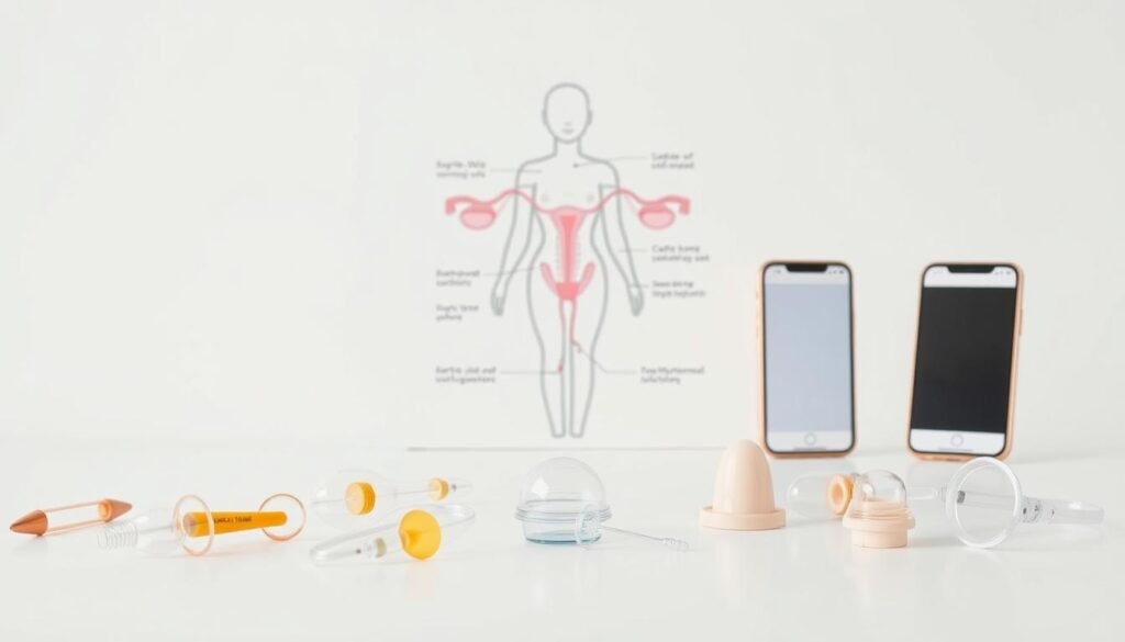 A well-lit, high-quality illustration showcasing various non-hormonal birth control options. In the foreground, an array of different contraceptive devices such as copper IUDs, diaphragms, cervical caps, and non-hormonal birth control apps are displayed on a clean, minimalist surface. The middle ground features a simplified anatomical diagram highlighting the placement and function of these contraceptive methods. The background has a soft, neutral tone that complements the medical and informative nature of the image. The lighting is bright and diffused, creating a sense of clarity and professionalism. The overall composition is balanced, visually appealing, and designed to educate and inform the viewer about the best non-hormonal contraceptive options.