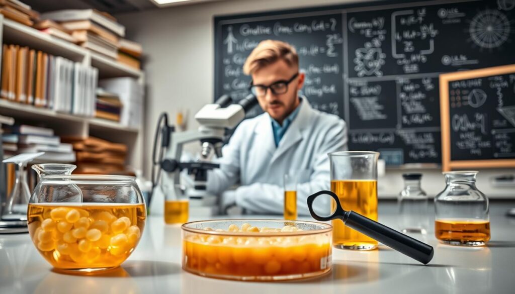 A well-lit laboratory setting, with a central focus on various scientific research equipment. In the foreground, a petri dish filled with a vibrant, bubbly culture, accompanied by a magnifying glass and a beaker of a golden-hued liquid. In the middle ground, a researcher in a white lab coat, examining samples under a microscope, their expression one of deep contemplation. The background features shelves of scientific journals, a chalkboard with complex equations, and a large, high-resolution computer monitor displaying data visualizations. The overall atmosphere conveys a sense of diligent scientific inquiry and the pursuit of understanding the complex world of probiotics and the human microbiome. A well-lit laboratory setting, with a central focus on various scientific research equipment. In the foreground, a petri dish filled with a vibrant, bubbly culture, accompanied by a magnifying glass and a beaker of a golden-hued liquid. In the middle ground, a researcher in a white lab coat, examining samples under a microscope, their expression one of deep contemplation. The background features shelves of scientific journals, a chalkboard with complex equations, and a large, high-resolution computer monitor displaying data visualizations. The overall atmosphere conveys a sense of diligent scientific inquiry and the pursuit of understanding the complex world of probiotics and the human microbiome.