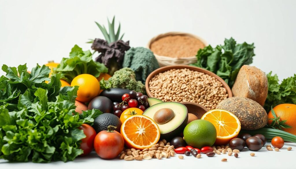 A well-lit, macro-style image of various fruits, vegetables, and whole grains on a clean, white background, representing the core components of an alkaline diet. The foreground features vibrant, high-resolution produce such as leafy greens, citrus fruits, and whole-grain breads, arranged in a visually appealing and balanced composition. The middle ground includes additional alkaline-rich foods like avocados, nuts, and legumes, while the background subtly fades to white, creating a clean, minimalist aesthetic. The lighting is soft, natural, and evenly distributed, highlighting the textures and colors of the healthy, alkaline-promoting ingredients. The overall mood is one of freshness, vitality, and scientific credibility, reflecting the evidence-based principles of the alkaline diet.