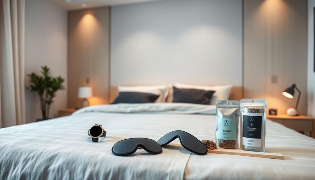 A well-lit, modern bedroom interior with a large bed in the center. On the bedside table, an array of sleep-related products are neatly displayed - a smartwatch, a sleep mask, a meditation app, and a selection of herbal teas. The room has a calming, minimalist aesthetic, with soft, neutral tones and natural textures like wood and linen. Soft, diffused lighting emanates from discreet sources, creating a serene and inviting atmosphere. The overall mood is one of mindfulness, comfort, and a deliberate approach to optimizing sleep quality.