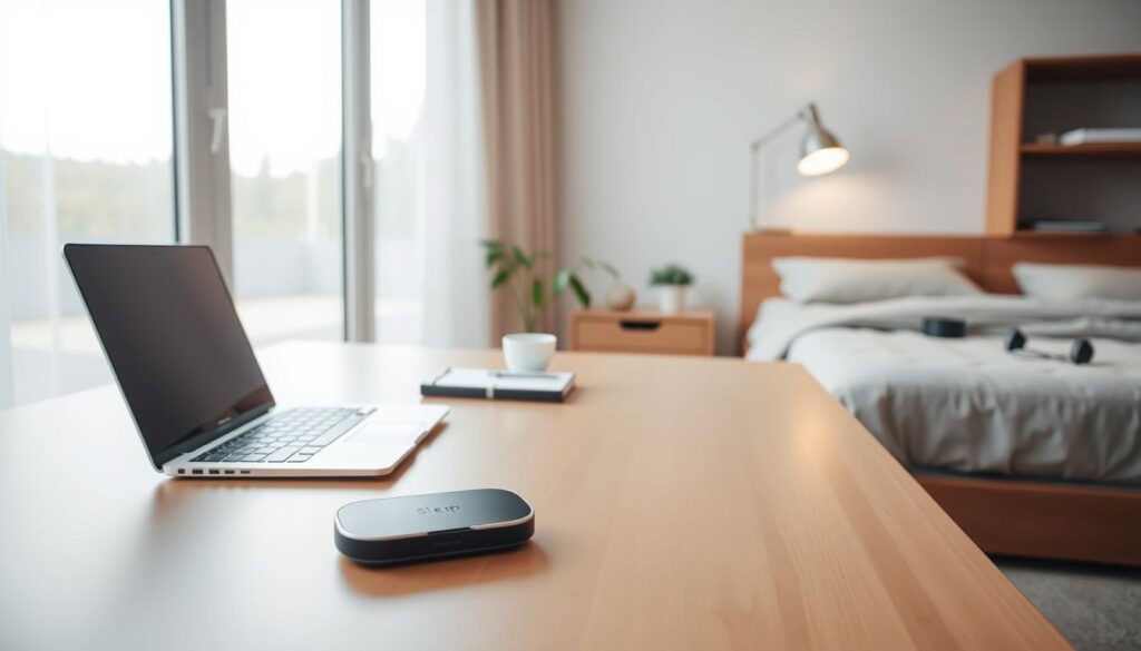 A well-lit, modern home office featuring a large desk with a sleek laptop, a smart sleep tracker device, and a minimalist bedside lamp. The room has a calming, neutral color palette with warm wood accents. Diffused lighting from a large window creates a soft, ambient glow. On the desk, the sleep tracker device stands out, its clean lines and subdued display complementing the overall aesthetic. The scene conveys a sense of productivity and wellness, with technology seamlessly integrated into the home environment. A well-lit, modern home office featuring a large desk with a sleek laptop, a smart sleep tracker device, and a minimalist bedside lamp. The room has a calming, neutral color palette with warm wood accents. Diffused lighting from a large window creates a soft, ambient glow. On the desk, the sleep tracker device stands out, its clean lines and subdued display complementing the overall aesthetic. The scene conveys a sense of productivity and wellness, with technology seamlessly integrated into the home environment.