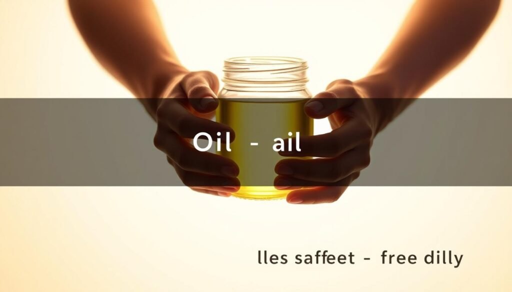A well-lit studio scene of a person's hands holding a glass jar filled with clear liquid, likely oil, against a plain, minimalist background. The focus is on the jar, with the hands gently cupping it, conveying a sense of care and intention. The lighting is warm and soft, creating a serene, inviting atmosphere. The composition is balanced and visually appealing, emphasizing the simplicity and practicality of the oil pulling technique. The overall image captures the essence of trying oil pulling safely and effectively, reflecting the subject and section title of the article.