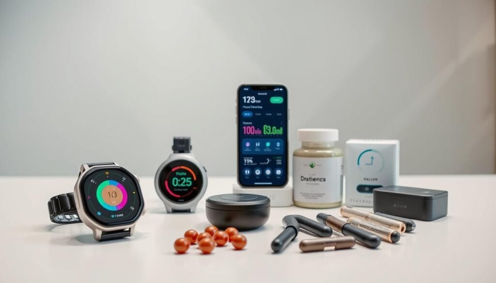 A well-lit studio setting featuring an array of wellness tracking devices and accessories arranged neatly on a sleek, minimalist desk. In the foreground, a smartwatch with an intuitive fitness dashboard, a handheld device displaying real-time biometric data, and a collection of smart supplements in stylish packaging. In the middle ground, a smartphone with a health tracking app open, showcasing various metrics and insights. The background features clean, white walls and subtle geometric patterns, creating a sense of modern, technology-driven wellness. The overall mood is one of efficiency, organization, and a commitment to personal optimization through data-driven self-improvement.