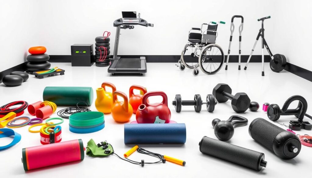 A well-lit studio showcases an array of mobility tools meticulously arranged on a clean, white backdrop. In the foreground, an assortment of resistance bands, kettlebells, and foam rollers are carefully positioned, hinting at their potential to enhance flexibility and strength. The middle ground features a sleek, modern treadmill and a set of adjustable dumbbells, symbolizing the integration of cardio and strength training. In the background, a pair of sturdy, adjustable crutches and a high-tech wheelchair stand as reminders of the diverse needs within the mobility spectrum. The scene exudes a sense of professionalism, innovation, and a commitment to holistic wellness, capturing the essence of the "Tools and Tech to Help You Move Better" section. A well-lit studio showcases an array of mobility tools meticulously arranged on a clean, white backdrop. In the foreground, an assortment of resistance bands, kettlebells, and foam rollers are carefully positioned, hinting at their potential to enhance flexibility and strength. The middle ground features a sleek, modern treadmill and a set of adjustable dumbbells, symbolizing the integration of cardio and strength training. In the background, a pair of sturdy, adjustable crutches and a high-tech wheelchair stand as reminders of the diverse needs within the mobility spectrum. The scene exudes a sense of professionalism, innovation, and a commitment to holistic wellness, capturing the essence of the "Tools and Tech to Help You Move Better" section.