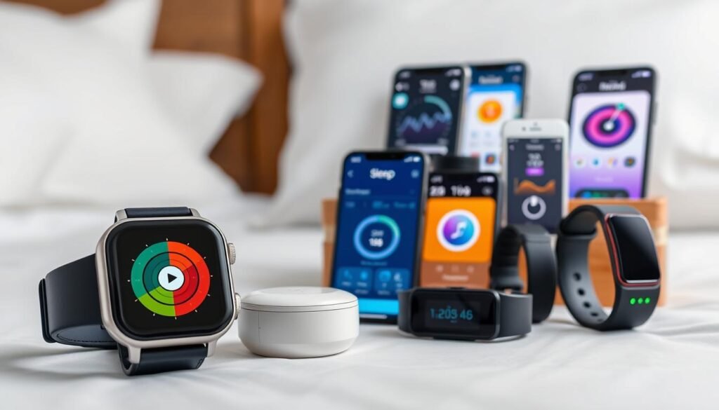 A well-lit, studio-style photograph showcasing an array of modern sleep tracking devices. In the foreground, a sleek smartwatch with a glowing display monitoring sleep stages. In the middle ground, a minimalist sleep sensor resting on a nightstand next to a smartphone displaying sleep analysis data. In the background, a selection of fitness trackers and mobile apps, each offering a unique approach to sleep monitoring. The image conveys a sense of technological sophistication and the variety of options available for tracking one's slumber.