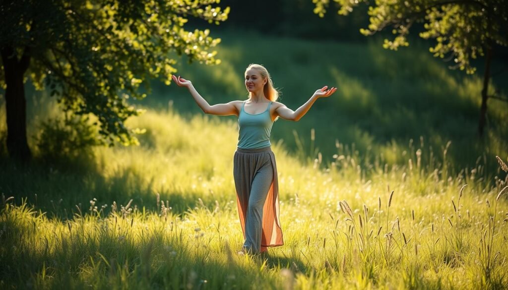 A woman stands in a serene, sun-dappled meadow, gracefully flowing through a series of gentle, mindful movements. Her body emanates a sense of calm focus, each pose reflecting the integration of physical and emotional wellbeing. The lighting is soft and diffused, creating a warm, contemplative atmosphere. The camera captures her from a medium distance, emphasizing the connection between her movement and the natural surroundings. The scene conveys a sense of harmony, inviting the viewer to pause and observe the profound ways in which our daily practices can nurture our inner and outer landscapes.
