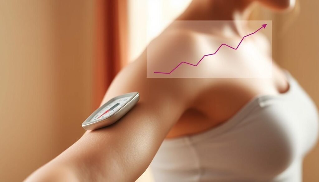 A woman's body temperature fluctuates during her menstrual cycle, indicating changes in fertility. In the foreground, a woman's torso is shown with a thermometer placed under her arm, highlighting the measure of her body temperature. In the middle ground, a stylized graph or chart depicts the rise and fall of her temperature over the course of her cycle, visually representing the relationship between temperature and pregnancy risk. The background is softly blurred, suggesting a sense of medical or scientific examination. The lighting is warm and natural, creating a calm and informative atmosphere, while the angles and composition convey a sense of focus on the key details.