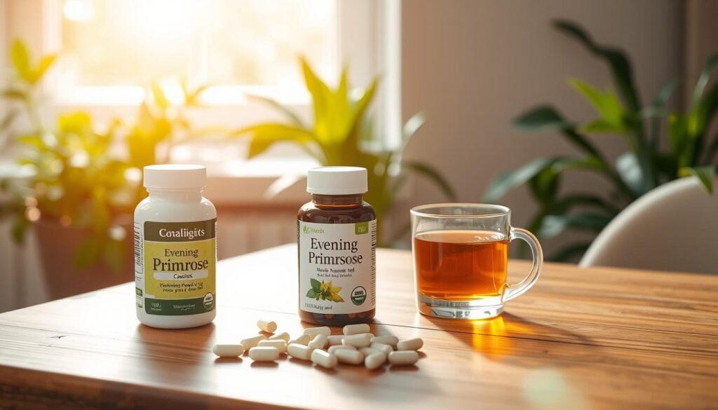 A wooden table in a serene, softly-lit room, holding an arrangement of evening primrose oil capsules, herbal tea, and a glass of water. The natural light from a nearby window casts a warm, golden glow across the scene, creating a peaceful, contemplative atmosphere. In the background, lush green plants and a neutral-toned wall provide a tranquil, nature-inspired setting. The composition is balanced and inviting, drawing the viewer's attention to the complementary supplements that could enhance the benefits of evening primrose oil.