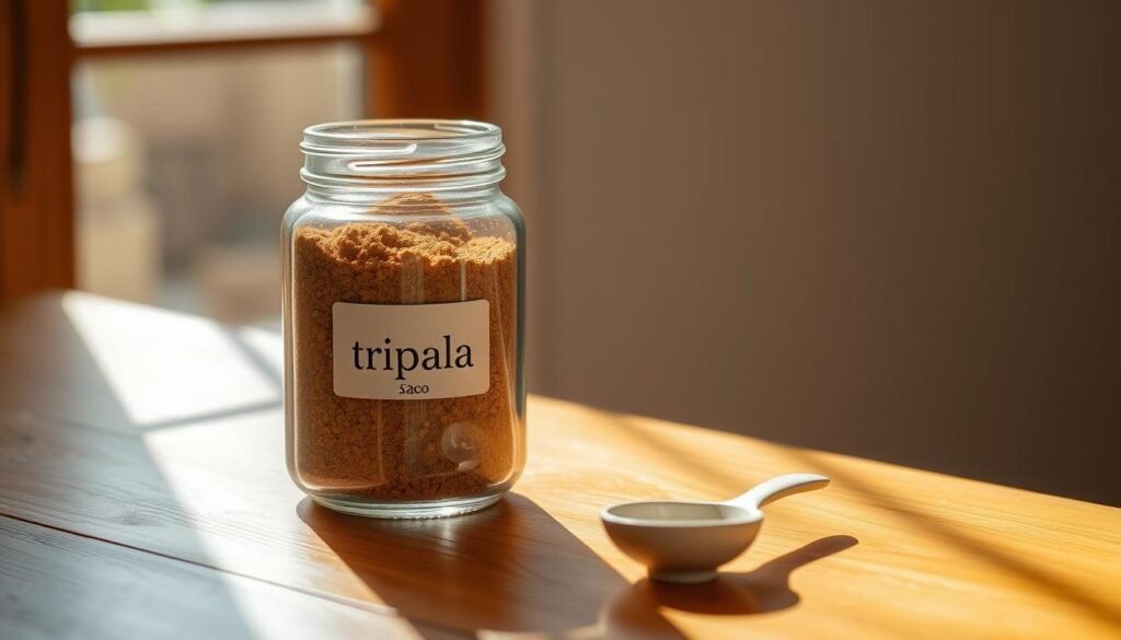 A wooden table with a glass jar filled with an earthy, golden-brown powder - triphala, the ancient Ayurvedic herbal blend. Bright natural light streams in from a nearby window, casting soft shadows on the table's surface. The jar's label is minimal, focusing attention on the powder's rich, rustic tones. Beside the jar, a simple ceramic spoon rests, ready to scoop the therapeutic dose. The overall mood is one of simplicity, authenticity, and the promise of wellness derived from this time-honored remedy. A wooden table with a glass jar filled with an earthy, golden-brown powder - triphala, the ancient Ayurvedic herbal blend. Bright natural light streams in from a nearby window, casting soft shadows on the table's surface. The jar's label is minimal, focusing attention on the powder's rich, rustic tones. Beside the jar, a simple ceramic spoon rests, ready to scoop the therapeutic dose. The overall mood is one of simplicity, authenticity, and the promise of wellness derived from this time-honored remedy.
