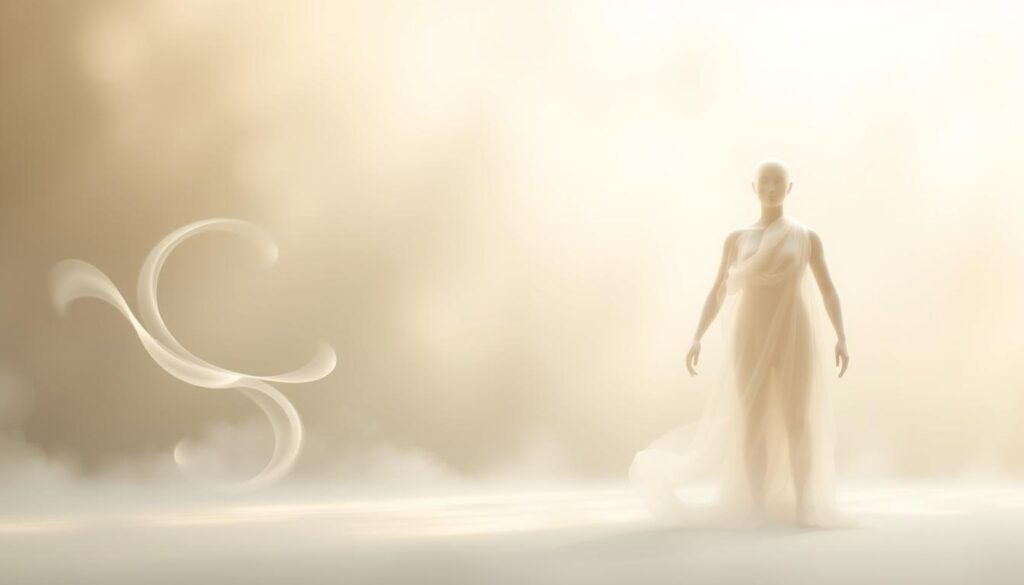 An airy, tranquil scene depicting the three Ayurvedic doshas - Vata, Pitta, and Kapha - represented as ethereal, translucent forms. In the foreground, the delicate Vata dosha swirls gracefully, its movement evoking the qualities of air and space. In the middle ground, the vibrant Pitta dosha glows with the warmth of fire, while the sturdy Kapha dosha grounds the composition, its solid presence evoking the elements of water and earth. The scene is bathed in a soft, diffused light, creating a serene, contemplative atmosphere that invites the viewer to explore the interconnectedness of the doshas and their role in maintaining balance and harmony within the body.