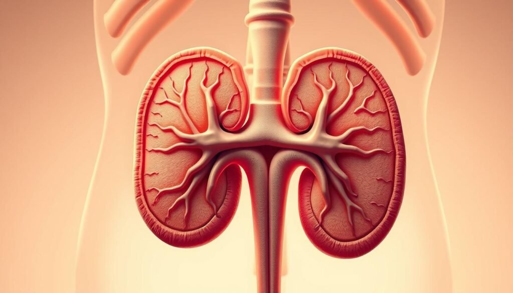 An anatomically accurate illustration of the adrenal glands, shown in a detailed cross-section view. The glands appear nestled atop the kidneys, their intricate inner structures visible. Soft, warm lighting illuminates the scene, casting subtle shadows that accentuate the glands' delicate, glandular architecture. The background is a clean, neutral palette, allowing the adrenal glands to be the focal point. The overall impression is one of scientific precision and medical illustration, conveying the vital role these glands play in the stress response and cortisol regulation. An anatomically accurate illustration of the adrenal glands, shown in a detailed cross-section view. The glands appear nestled atop the kidneys, their intricate inner structures visible. Soft, warm lighting illuminates the scene, casting subtle shadows that accentuate the glands' delicate, glandular architecture. The background is a clean, neutral palette, allowing the adrenal glands to be the focal point. The overall impression is one of scientific precision and medical illustration, conveying the vital role these glands play in the stress response and cortisol regulation.
