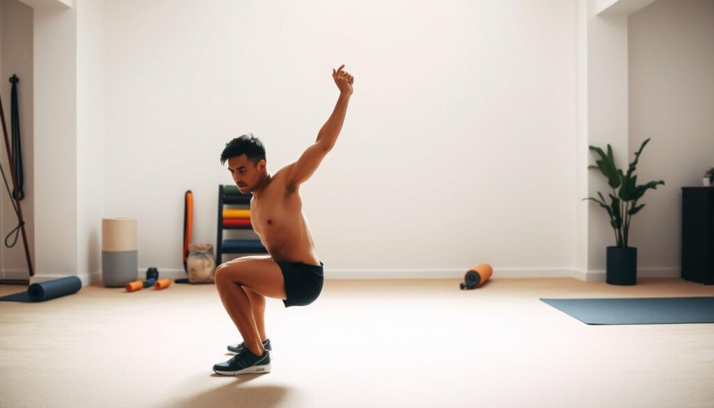 An athlete performing a dynamic mobility routine in a minimalist home gym setting. In the foreground, the figure moves through a deep squat, arms extended overhead, exuding controlled strength and flexibility. The middle ground features an array of basic exercise equipment - resistance bands, foam roller, yoga mat - highlighting the functional nature of the workout. The background is a clean, well-lit space with neutral-toned walls, conveying a sense of serenity and focus. Soft, diffused lighting accentuates the model's fluid movements, creating a sense of graceful power. The overall atmosphere evokes the idea of "progressions, deloads, and time-savers" - an efficient, holistic approach to building true, well-rounded physical strength. An athlete performing a dynamic mobility routine in a minimalist home gym setting. In the foreground, the figure moves through a deep squat, arms extended overhead, exuding controlled strength and flexibility. The middle ground features an array of basic exercise equipment - resistance bands, foam roller, yoga mat - highlighting the functional nature of the workout. The background is a clean, well-lit space with neutral-toned walls, conveying a sense of serenity and focus. Soft, diffused lighting accentuates the model's fluid movements, creating a sense of graceful power. The overall atmosphere evokes the idea of "progressions, deloads, and time-savers" - an efficient, holistic approach to building true, well-rounded physical strength.
