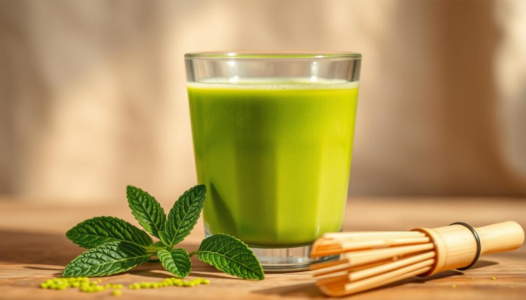 An elegant close-up shot of a glass filled with vibrant green matcha tea, positioned against a soft, blurred background with subtle natural textures. The tea appears rich and frothy, its verdant hue accentuated by the warm, diffused lighting. In the foreground, a few fresh mint leaves and a bamboo whisk add a sense of freshness and authenticity, hinting at the tea's oral health benefits. The overall composition conveys a serene, wellness-focused atmosphere, inviting the viewer to appreciate the restorative properties of this ancient Japanese elixir. An elegant close-up shot of a glass filled with vibrant green matcha tea, positioned against a soft, blurred background with subtle natural textures. The tea appears rich and frothy, its verdant hue accentuated by the warm, diffused lighting. In the foreground, a few fresh mint leaves and a bamboo whisk add a sense of freshness and authenticity, hinting at the tea's oral health benefits. The overall composition conveys a serene, wellness-focused atmosphere, inviting the viewer to appreciate the restorative properties of this ancient Japanese elixir.
