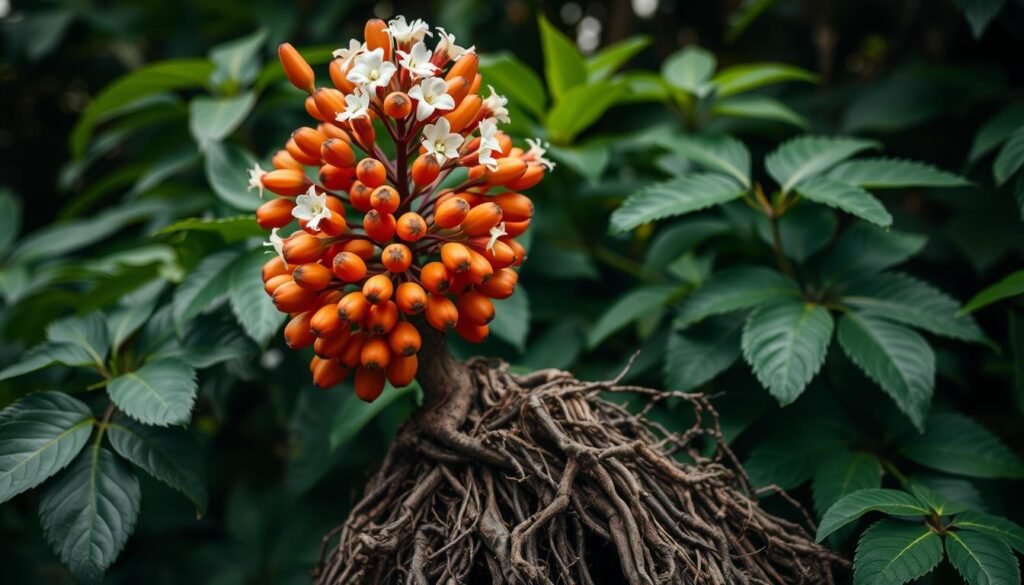 Ashwagandha, the ancient Ayurvedic adaptogen, stands tall against a backdrop of lush green foliage. Its vibrant orange-red berries and delicate white flowers capture the essence of its restorative properties. Soft, diffused lighting illuminates the plant's gnarled roots, symbolic of its ability to ground and nourish the body. The scene exudes a sense of tranquility and balance, mirroring the adaptogen's power to regulate stress and cortisol levels. Crisp details reveal the plant's intricate textures, inviting the viewer to connect with the natural world and its time-honored healing traditions. Ashwagandha, the ancient Ayurvedic adaptogen, stands tall against a backdrop of lush green foliage. Its vibrant orange-red berries and delicate white flowers capture the essence of its restorative properties. Soft, diffused lighting illuminates the plant's gnarled roots, symbolic of its ability to ground and nourish the body. The scene exudes a sense of tranquility and balance, mirroring the adaptogen's power to regulate stress and cortisol levels. Crisp details reveal the plant's intricate textures, inviting the viewer to connect with the natural world and its time-honored healing traditions.