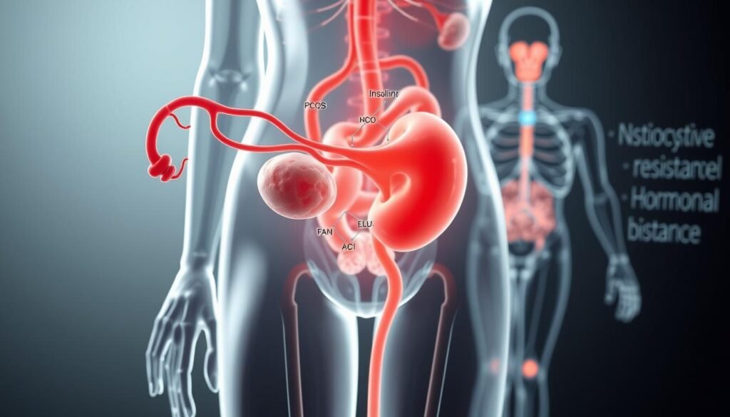 Detailed 3D medical illustration showcasing the metabolic aspects of polycystic ovary syndrome (PCOS). In the foreground, a transparent human figure with PCOS-affected ovaries and pancreas. In the middle, a biochemical visualization of insulin resistance, inflammation, and hormonal imbalance. In the background, a softly lit anatomical diagram highlighting the systemic impacts of PCOS beyond just reproductive health. Realistic, scientifically accurate, muted color palette, high-detail, seamless integration of elements, clinical yet visually compelling. Detailed 3D medical illustration showcasing the metabolic aspects of polycystic ovary syndrome (PCOS). In the foreground, a transparent human figure with PCOS-affected ovaries and pancreas. In the middle, a biochemical visualization of insulin resistance, inflammation, and hormonal imbalance. In the background, a softly lit anatomical diagram highlighting the systemic impacts of PCOS beyond just reproductive health. Realistic, scientifically accurate, muted color palette, high-detail, seamless integration of elements, clinical yet visually compelling.