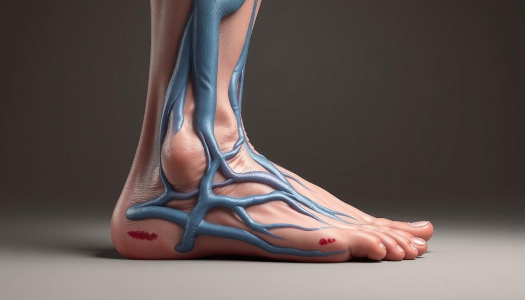 Detailed anatomical illustration of severe vein disease, depicting prominent, swollen veins in the lower leg and foot. The veins appear bluish and distorted, with visible valve dysfunction and pooling of blood. The scene is captured in a clinical, muted color palette, with soft, directional lighting emphasizing the textural qualities of the skin and underlying vasculature. The composition focuses on the affected area, allowing the viewer to clearly examine the pathological changes associated with venous insufficiency. Detailed anatomical illustration of severe vein disease, depicting prominent, swollen veins in the lower leg and foot. The veins appear bluish and distorted, with visible valve dysfunction and pooling of blood. The scene is captured in a clinical, muted color palette, with soft, directional lighting emphasizing the textural qualities of the skin and underlying vasculature. The composition focuses on the affected area, allowing the viewer to clearly examine the pathological changes associated with venous insufficiency.