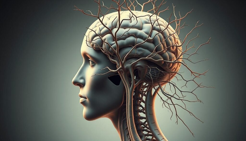 Detailed anatomical illustration of the human nervous system, highlighting the intricate connections between the brain, spinal cord, and peripheral nerves. Rendered in a realistic, high-contrast style with a soft, muted color palette. The image should convey a sense of the delicate, intricate, and intertwined nature of the neural pathways, evoking the mind-body connection and the way trauma can become encoded in the nervous system. The composition should showcase the nervous system in a clear, focused way, with a sense of depth and layers, drawing the viewer's attention to the central elements. Lighting should be dramatic, with shadows and highlights that emphasize the structural complexity. The overall mood should be thoughtful, introspective, and slightly unsettling, reflecting the deeper emotional resonance of the subject matter.