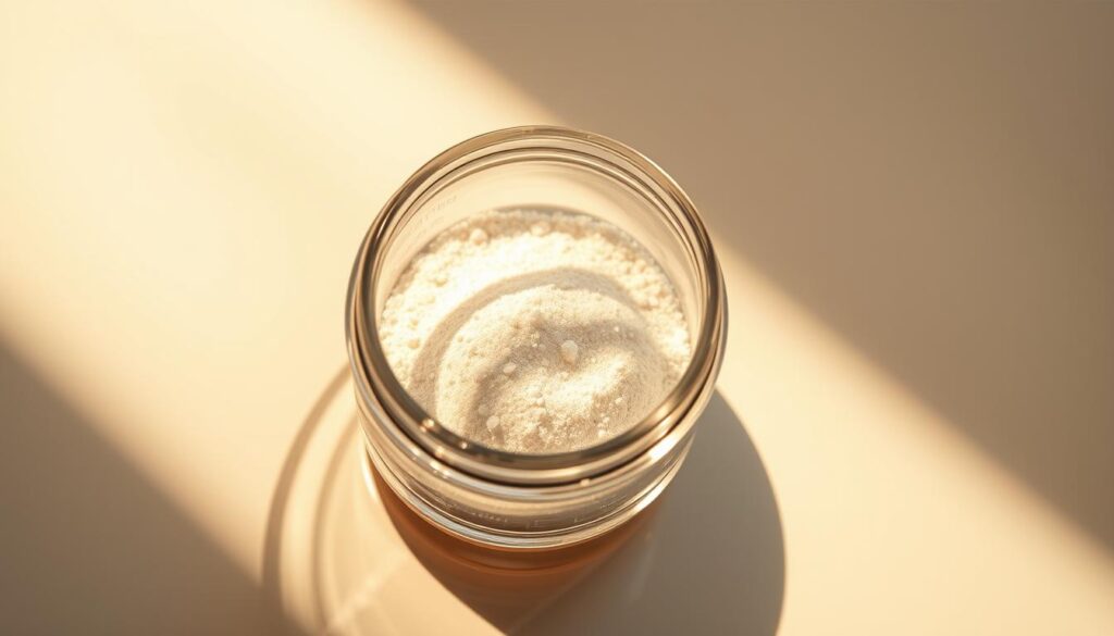 Detailed glass container holding a concentrated dose of nicotinamide riboside powder, bathed in warm light from an overhead angle. The container is placed on a sleek, reflective surface, creating a soft, diffused shadow. The powder has a fine, crystalline texture, sparkling subtly. The overall composition conveys a sense of precision, purity, and scientific efficacy - reflecting the careful dosing and timing required for optimal NAD+ supplementation. Detailed glass container holding a concentrated dose of nicotinamide riboside powder, bathed in warm light from an overhead angle. The container is placed on a sleek, reflective surface, creating a soft, diffused shadow. The powder has a fine, crystalline texture, sparkling subtly. The overall composition conveys a sense of precision, purity, and scientific efficacy - reflecting the careful dosing and timing required for optimal NAD+ supplementation.