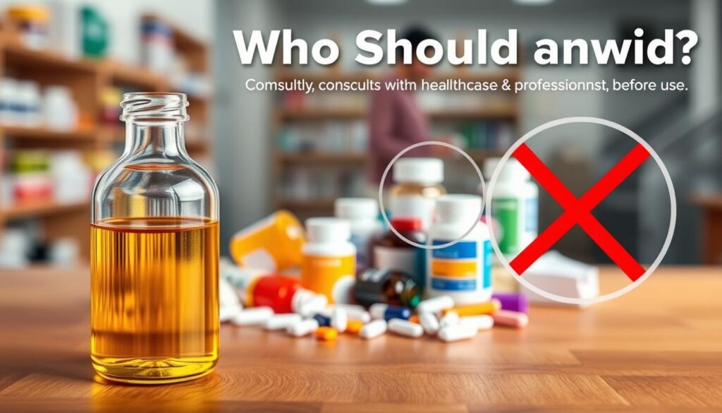 Detailed illustration of evening primrose oil and who should avoid it. In the foreground, a realistic glass bottle of evening primrose oil set on a natural wood surface. The middle ground features a group of various healthcare supplements and medications, with a magnifying glass highlighting those that may interact negatively with EPO. In the background, a blurred medical office or pharmacy setting, conveying the importance of consulting a healthcare professional before use. Soft, warm lighting creates an educational, informative atmosphere. The overall composition guides the viewer's focus to the key message of "who should avoid" this supplement.
