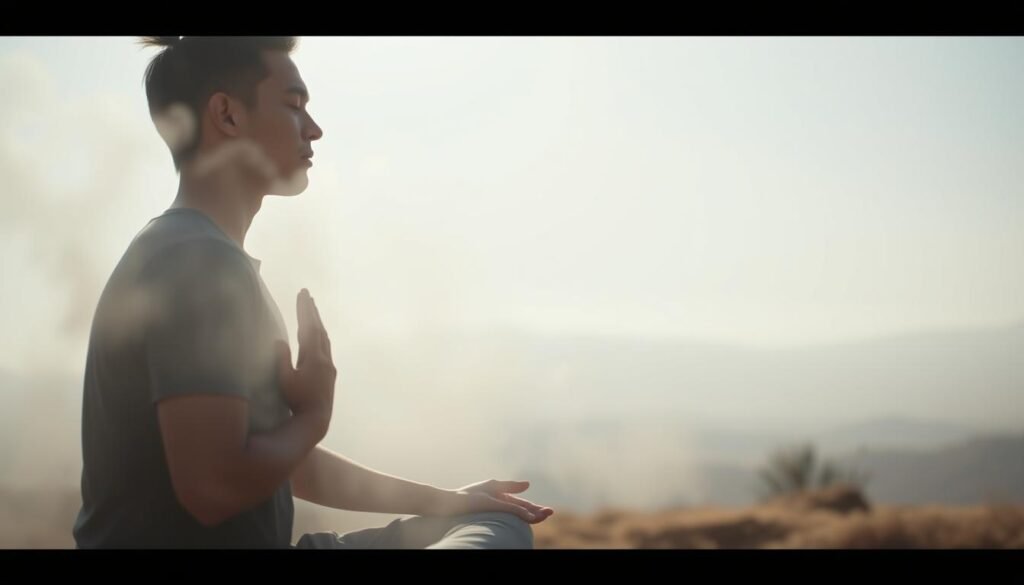 Detailed, serene scene of a person practicing breath-focused yoga, with a soft, dreamy atmosphere. Foreground shows the person in a seated meditative pose, breathing deeply, surrounded by a calming, ethereal mist. Middle ground has wisps of translucent smoke or breath, gently swirling. Background features a minimalist, natural landscape with a soft, diffused light, evoking a sense of introspection and inner focus. Use a cinematic, wide-angle lens to capture the full scene, with a shallow depth of field to emphasize the subject. Employ muted, soothing colors and a relaxed, contemplative mood to visually represent the "Breath Meets Movement" theme.