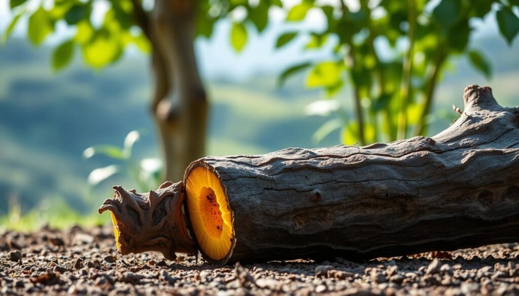 Licorice root, a thick, woody taproot with a distinctive dark brown exterior and a bright yellow interior. The root is positioned in the foreground, its intricate patterns and textures illuminated by soft, natural lighting. In the middle ground, lush green leaves and stems surround the root, hinting at the plant's verdant origins. The background is a serene, blurred landscape, allowing the root to take center stage. The overall mood is one of balance and harmony, reflecting the potential health benefits and risks associated with this powerful botanical. A high-resolution, highly detailed image captured with a macro lens, showcasing the root's complex structure and natural beauty. Licorice root, a thick, woody taproot with a distinctive dark brown exterior and a bright yellow interior. The root is positioned in the foreground, its intricate patterns and textures illuminated by soft, natural lighting. In the middle ground, lush green leaves and stems surround the root, hinting at the plant's verdant origins. The background is a serene, blurred landscape, allowing the root to take center stage. The overall mood is one of balance and harmony, reflecting the potential health benefits and risks associated with this powerful botanical. A high-resolution, highly detailed image captured with a macro lens, showcasing the root's complex structure and natural beauty.