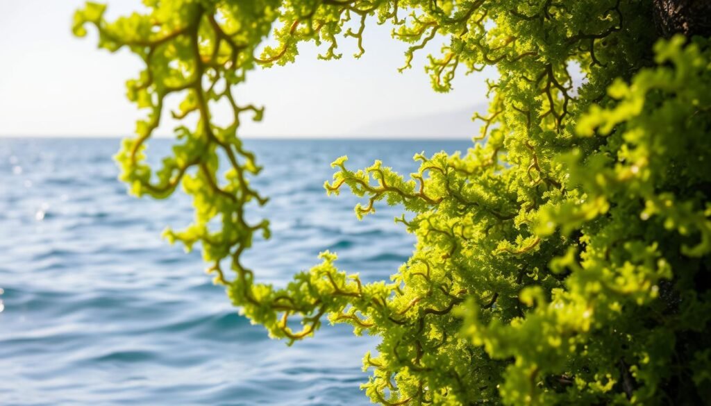 Lush, verdant sea moss swaying gently in the ocean, its fronds undulating in the current. The deep, vibrant green hues catch the sun's rays, creating a shimmering, iridescent effect. The foreground is in sharp focus, revealing the intricate, lace-like patterns of the moss. In the middle ground, the ocean's surface ripples with subtle movement, reflecting the sky's soft, azure hue. The background fades into a hazy, atmospheric horizon, suggesting the vast expanse of the sea. The lighting is natural and diffused, casting a warm, ethereal glow over the scene. Captured with a wide-angle lens, the composition emphasizes the scale and grandeur of this captivating marine plant. Lush, verdant sea moss swaying gently in the ocean, its fronds undulating in the current. The deep, vibrant green hues catch the sun's rays, creating a shimmering, iridescent effect. The foreground is in sharp focus, revealing the intricate, lace-like patterns of the moss. In the middle ground, the ocean's surface ripples with subtle movement, reflecting the sky's soft, azure hue. The background fades into a hazy, atmospheric horizon, suggesting the vast expanse of the sea. The lighting is natural and diffused, casting a warm, ethereal glow over the scene. Captured with a wide-angle lens, the composition emphasizes the scale and grandeur of this captivating marine plant.