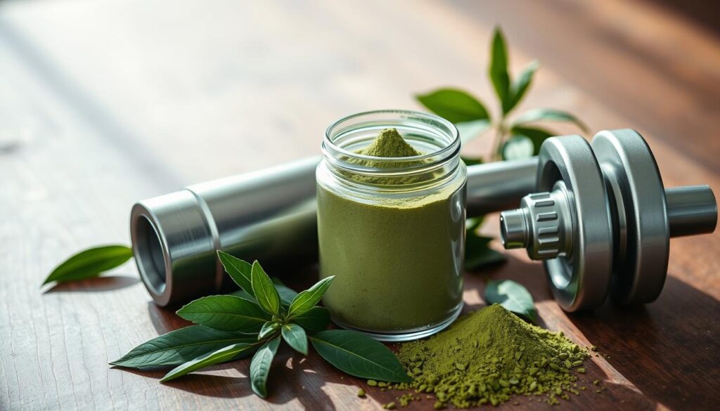 Matcha pre workout powder in a clear glass jar, surrounded by a steel shaker bottle, green tea leaves, and a barbell on a wooden surface. Soft, natural lighting illuminates the scene, casting subtle shadows. The overall mood is clean, energetic, and health-focused, conveying the benefits of matcha for weight management and workout performance. Matcha pre workout powder in a clear glass jar, surrounded by a steel shaker bottle, green tea leaves, and a barbell on a wooden surface. Soft, natural lighting illuminates the scene, casting subtle shadows. The overall mood is clean, energetic, and health-focused, conveying the benefits of matcha for weight management and workout performance.