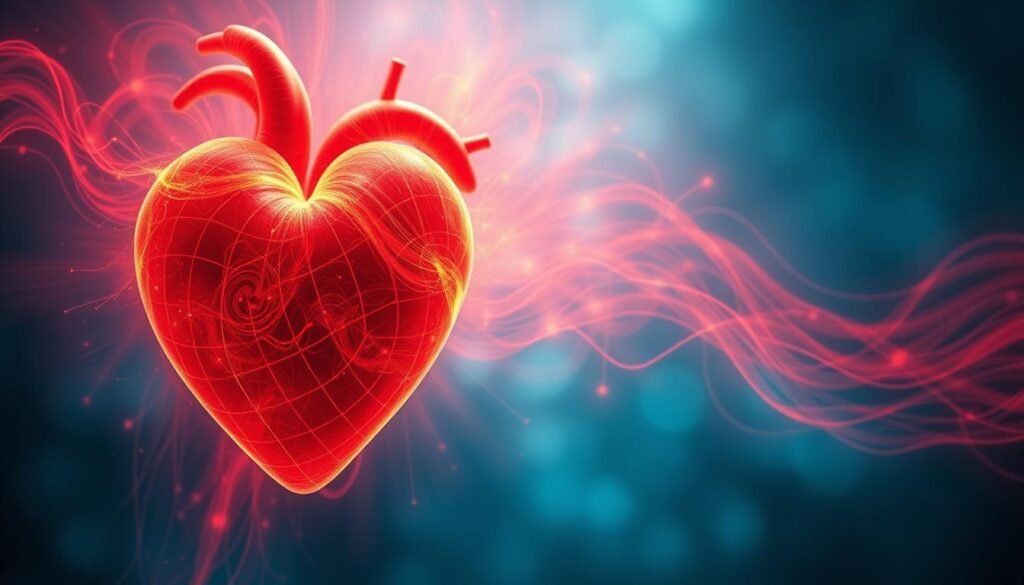 Prompt A dynamic visualization of heart rate variability, represented as a swirling, pulsating energy field. The foreground depicts a vibrant, undulating crimson heart shape, its rhythmic contractions emitting waves of radiating, golden energy. The middle ground features a hazy, ethereal background of shimmering, cerulean blue hues, suggesting a calming, meditative atmosphere. Soft, diffused lighting creates a serene, introspective mood, with a subtle, cinematic camera angle capturing the scene from a low, contemplative perspective. The overall impression is one of the profound connection between the autonomic nervous system, the heart's rhythmic patterns, and the energetic landscapes of relaxation and healing.