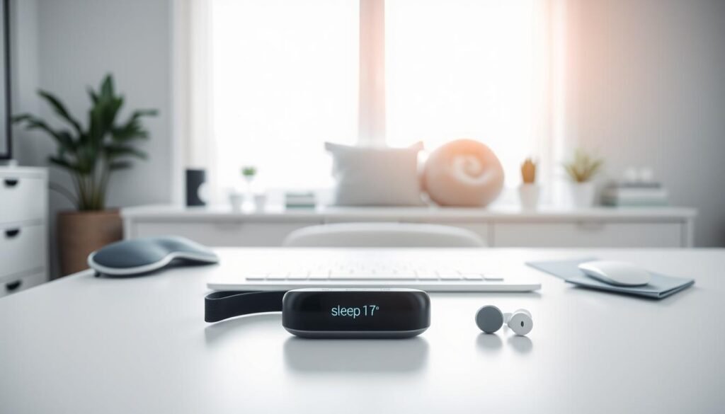 Prompt A minimalist home office setup with a sleek, white desk and a high-resolution sleep tracker device in the foreground. Behind it, a neatly organized array of sleep-related accessories like a sleep mask, earplugs, and a meditation cushion. The background features a large window with a soft, natural light streaming in, creating a calming and serene atmosphere. The entire scene is captured with a wide-angle lens, giving a sense of depth and balance. The mood is one of focus, organization, and a commitment to improving sleep quality through data-driven insights.