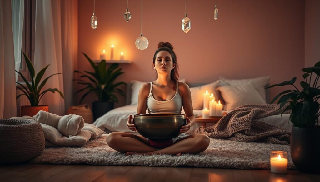 Soft lighting casts a warm, calming glow over a tranquil bedroom scene. A person sits cross-legged on a plush rug, eyes closed in meditation, enveloped in the soothing vibrations of a singing bowl. Hanging crystals and flickering candles create an ethereal, spa-like ambiance. Lush houseplants and natural textiles like woven blankets and pillows add to the serene, restorative atmosphere. The overall composition conveys a sense of deep relaxation and mindful immersion in a nightly sound bath ritual.