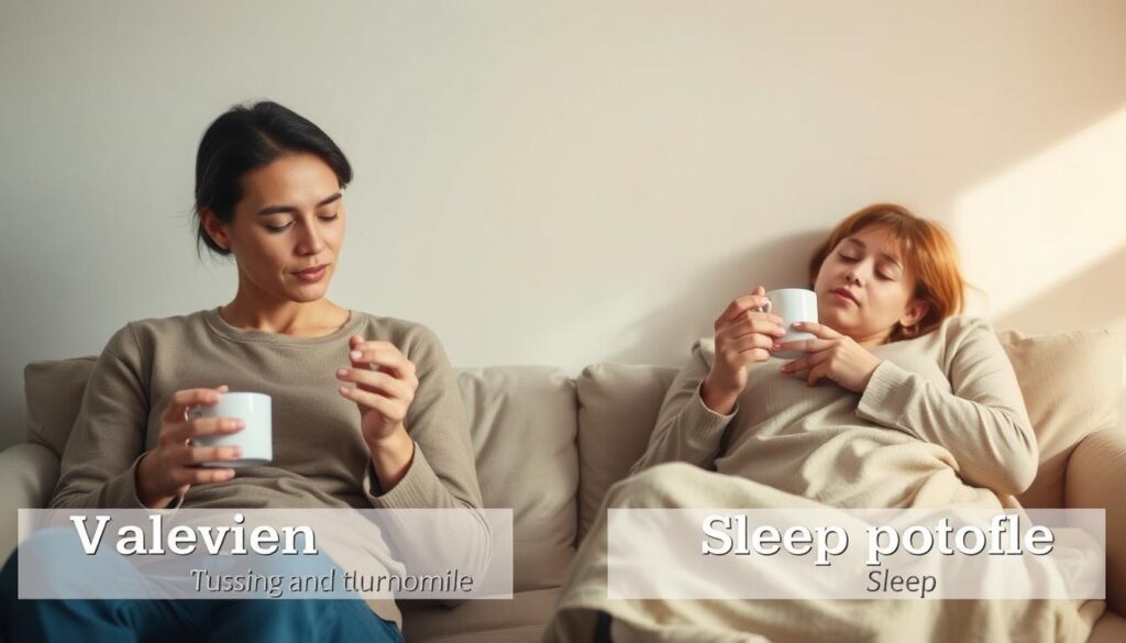 Soft, natural lighting illuminates the scene. In the foreground, two individuals sit comfortably, one holding a cup of valerian tea, the other sipping chamomile. Their expressions reflect a sense of tranquility and introspection. In the middle ground, the contrasting sleep profiles of the individuals are visually represented - one tossing and turning, the other resting peacefully. The background is a serene, minimalist setting, allowing the focus to remain on the central figures and their choices. The composition and tone convey a sense of balance, inviting the viewer to consider which sleep-promoting tea might be the best fit for their own personal needs and sleep patterns.