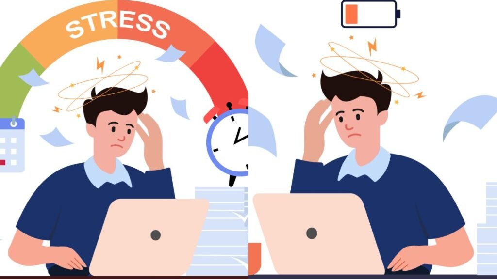 A serene, minimalist scene depicts the contrast between stress and burnout. In the foreground, a figure is crouched, hands gripping their head, conveying the overwhelming pressure of stress. In the middle ground, the same figure is slumped, exhausted, eyes downcast, representing the depleted state of burnout. The background is a calming, muted gradient, evoking a sense of introspection. Soft, diffused lighting casts a contemplative mood, emphasizing the personal, internal nature of these mental health states. Captured with a wide-angle lens to convey the holistic, interconnected experience. This image aims to visually articulate the key differences between stress and burnout, and their profound impact on one's mental well-being. A serene, minimalist scene depicts the contrast between stress and burnout