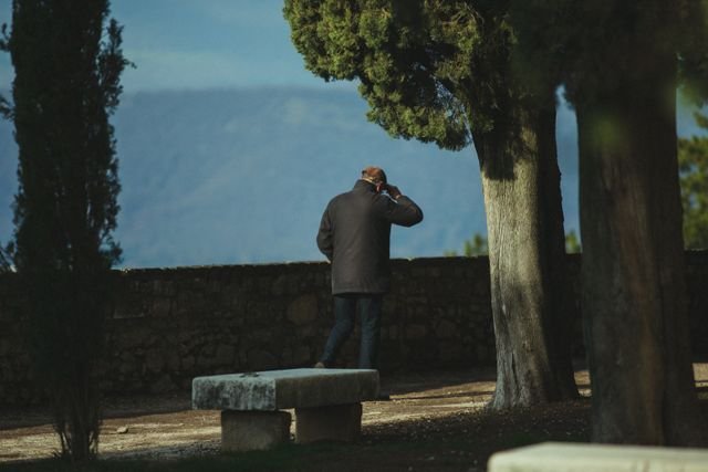 Man walking alone through a peaceful tree-lined park