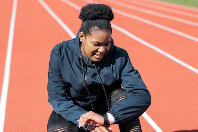 Woman checking a smartwatch while resting on a running track