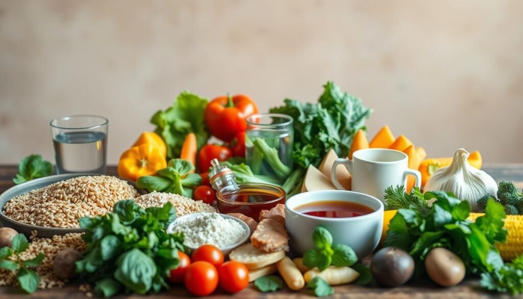 A balanced, fresh, and vibrant still life showcasing a selection of nutritious foods that are beneficial for managing polycystic ovary syndrome (PCOS). The foreground features an assortment of whole grains, leafy greens, colorful vegetables, lean protein sources, and healthy fats, arranged in a visually appealing composition with warm, natural lighting. The middle ground introduces a glass of water and a mug of herbal tea, symbolizing the importance of hydration. In the background, a minimalist, earthy-toned backdrop creates a soothing, wellness-inspired atmosphere. The overall scene conveys a sense of wholesome, evidence-based nutrition tailored for the unique dietary needs of individuals with PCOS. A balanced, fresh, and vibrant still life showcasing a selection of nutritious foods that are beneficial for managing polycystic ovary syndrome (PCOS). The foreground features an assortment of whole grains, leafy greens, colorful vegetables, lean protein sources, and healthy fats, arranged in a visually appealing composition with warm, natural lighting. The middle ground introduces a glass of water and a mug of herbal tea, symbolizing the importance of hydration. In the background, a minimalist, earthy-toned backdrop creates a soothing, wellness-inspired atmosphere. The overall scene conveys a sense of wholesome, evidence-based nutrition tailored for the unique dietary needs of individuals with PCOS.